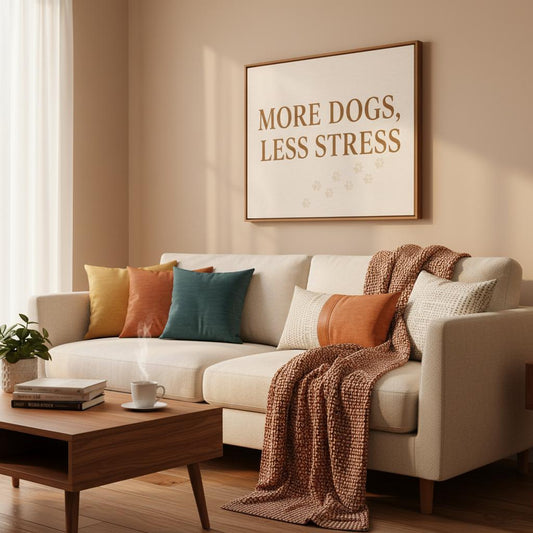 Living room with ' More Dogs, Less Stress ' 18x24 canvas art