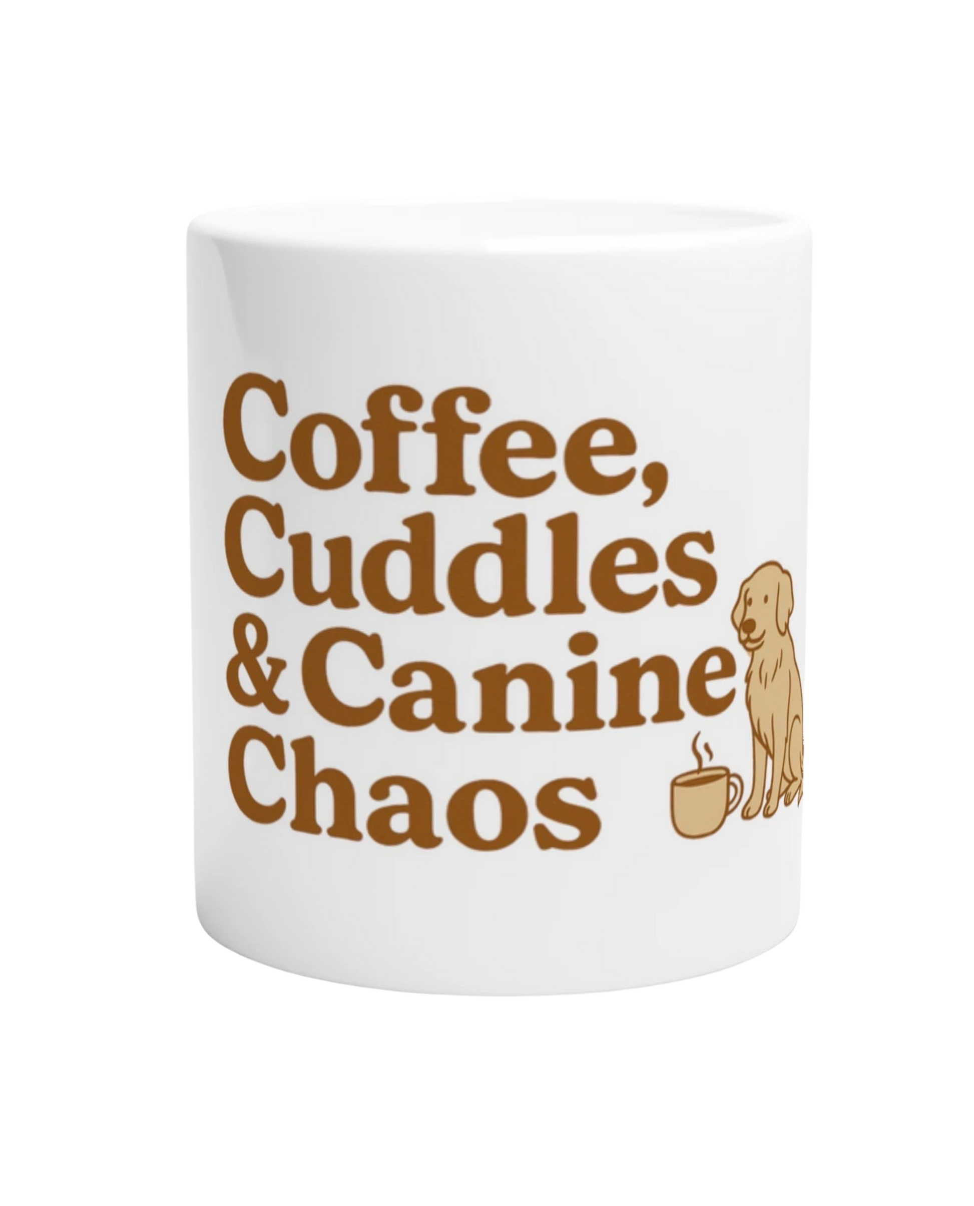 mug with text 'Coffee, Cuddles & Canine Chaos' and a dog illustration