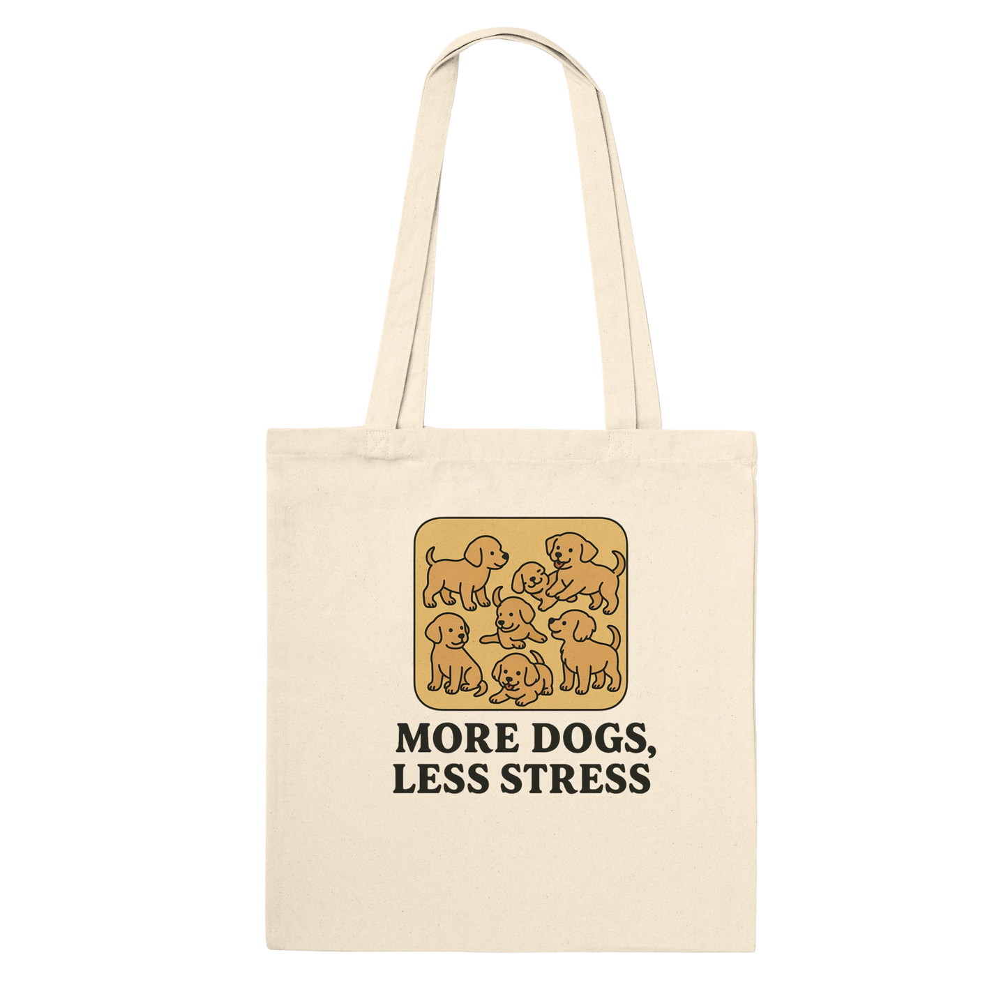 Beige tote bag with dog illustration and text 'More Dogs, Less Stress' 