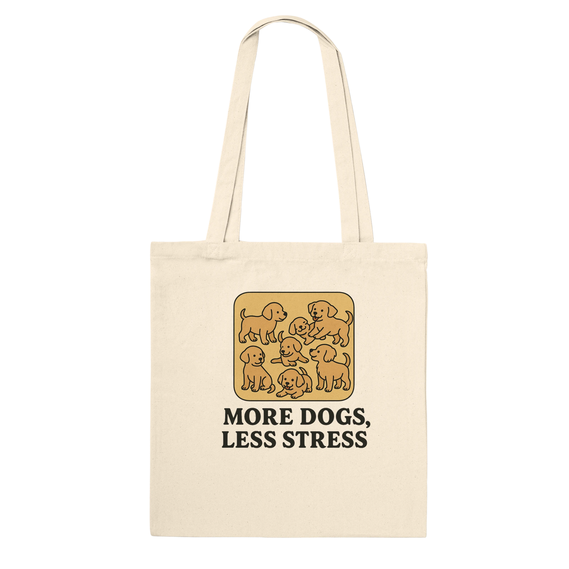 Beige tote bag with dog illustration and text 'More Dogs, Less Stress' 