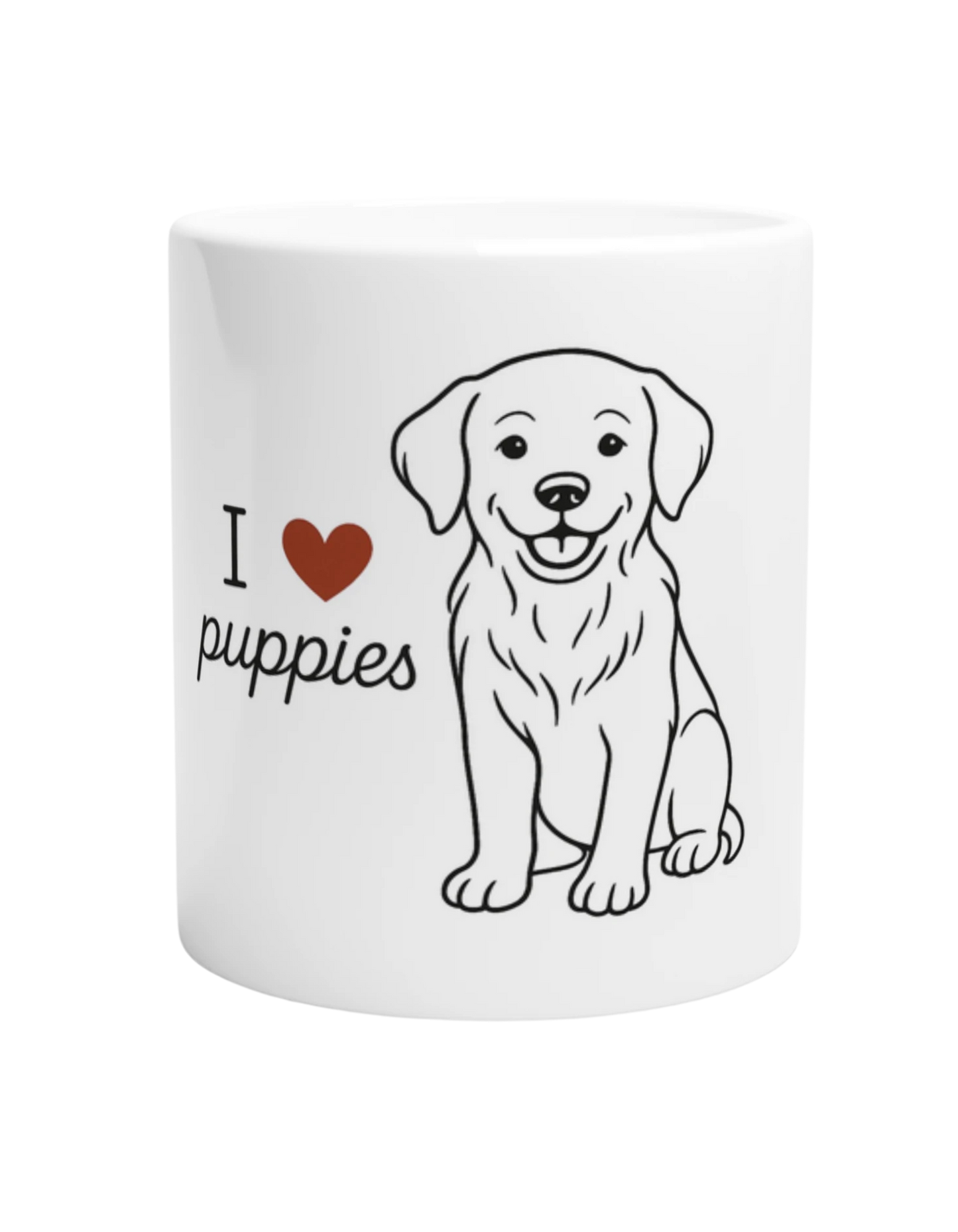 White mug with a drawing of a puppy and 'I ❤️ puppies' text 