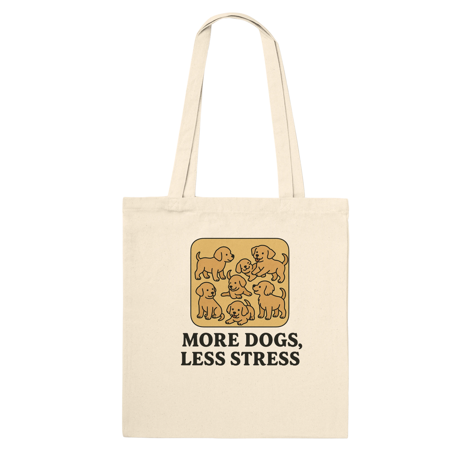 tote bag with dog illustration and text 'More Dogs, Less Stress'